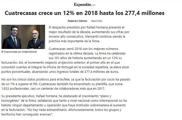 Cuatrecasas crece un 12% en 2018 hasta los 277,4 millones